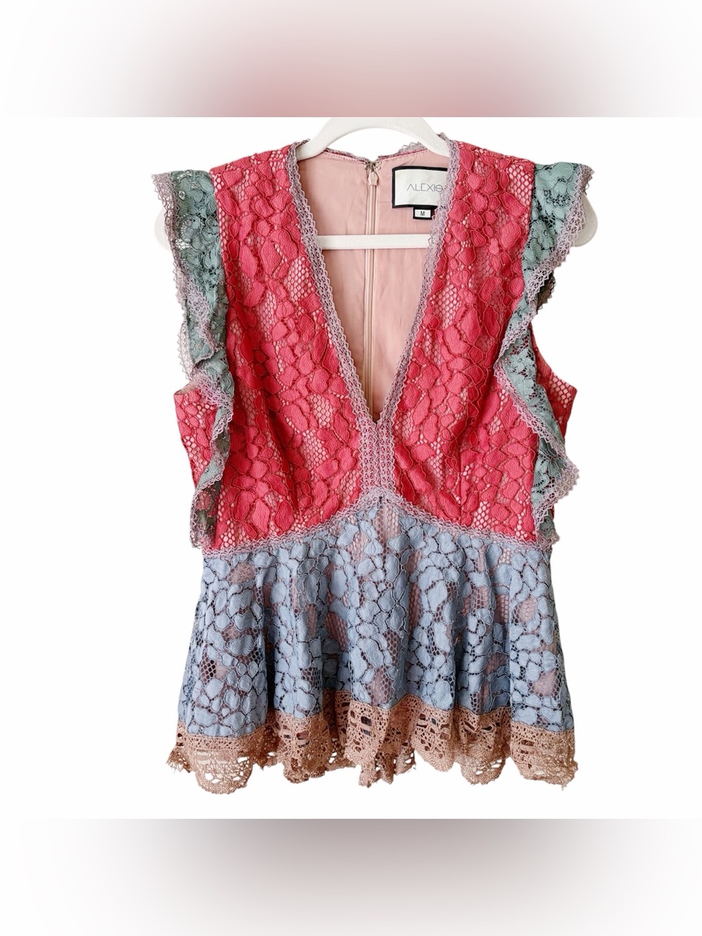 Alexis | Floral Lace Sleeveless Peplum Blouse Top V-neck Colorblock Medium